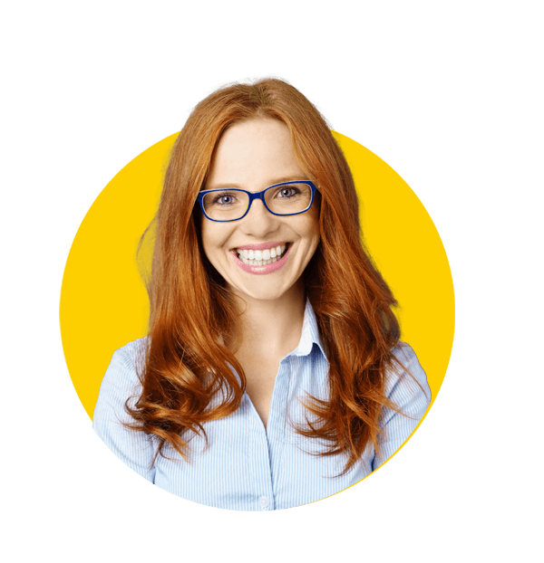 Medical translations uk, Portrait of young red-haired woman wearing glasses against blue background.