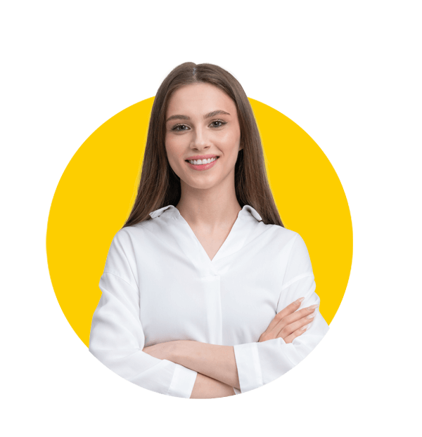 Sds translations uk, Smiling woman with arms crossed, wearing a white shirt, isolated on white background. Concept of confidence and professionalism.