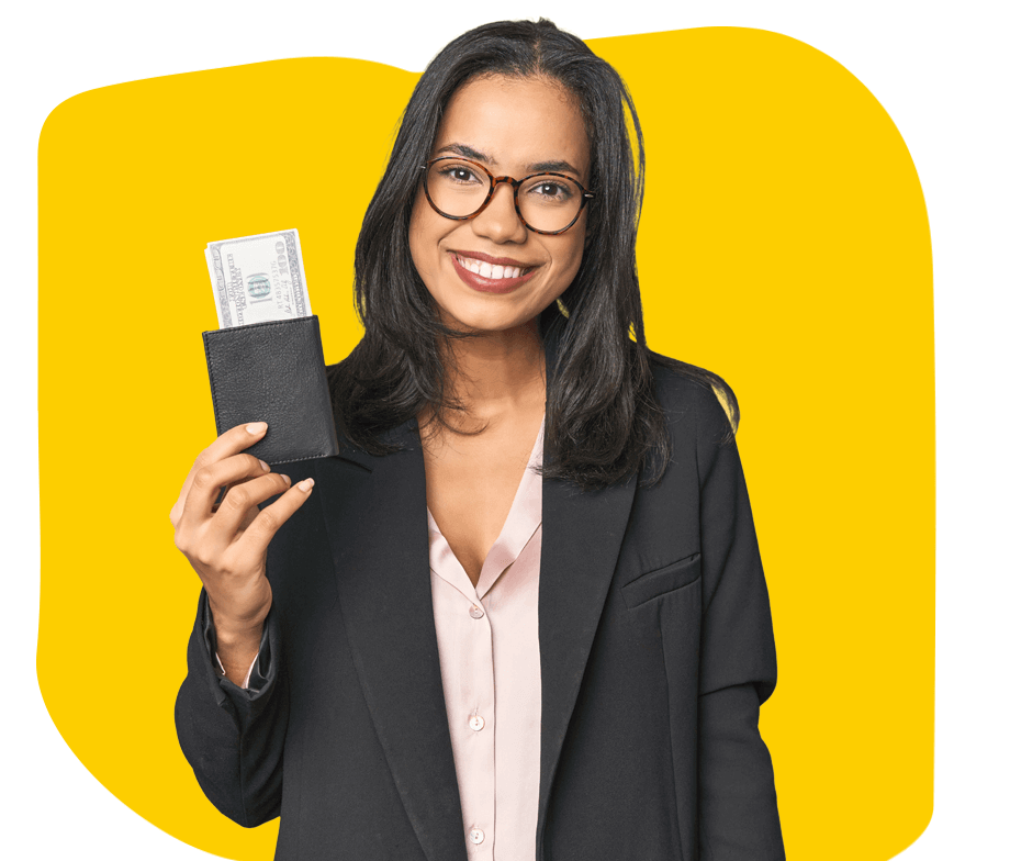 Passport Translation Services UK – Young businesswoman smiling while holding a passport.