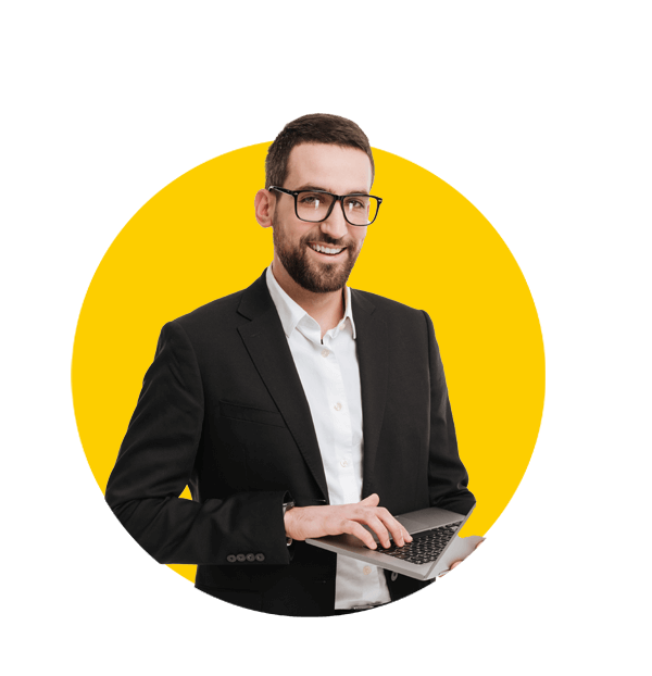 Patents translations uk, Image of young happy businessman over white background using laptop computer.