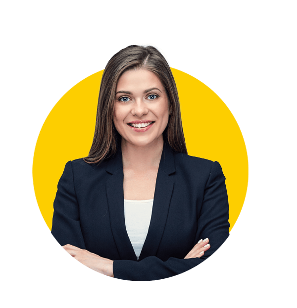 Political translations uk, Isolated studio portrait of smiling business woman wearing black suit standing with crossed arms.