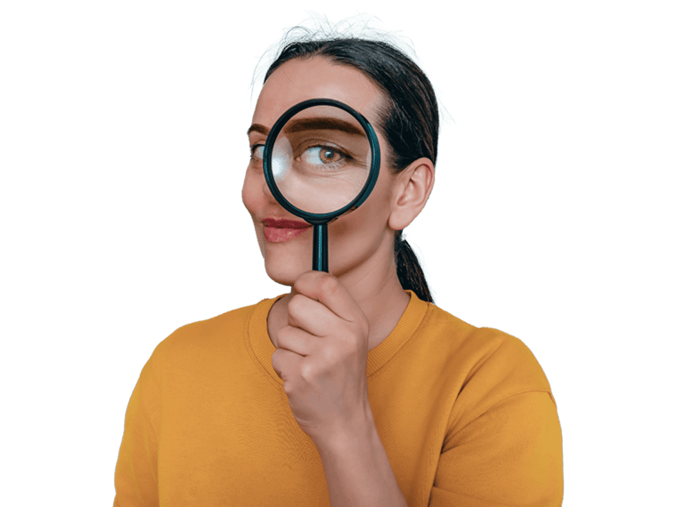 Post Editing services for translations, Magnifying glass. Woman's face through magnifying glass. Big eyes. Research, choice concept.
