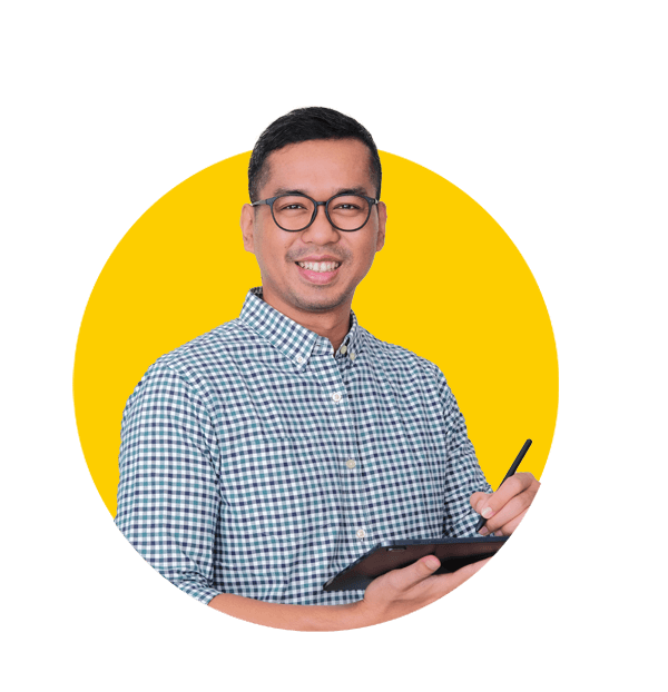 Post editing translations uk, Asian man smiling to the camera while holding his working mobile tablet device.