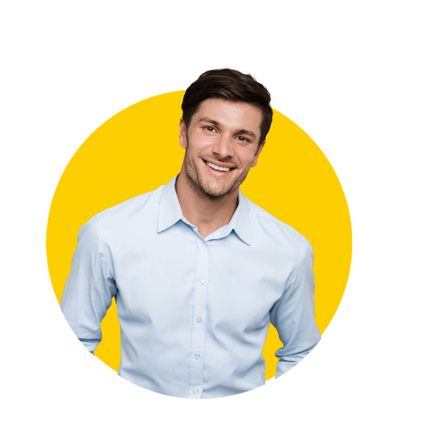 Pr translations UK, Image of happy brunette man wearing formal clothes smiling at camera with hands in pockets isolated over gray background.