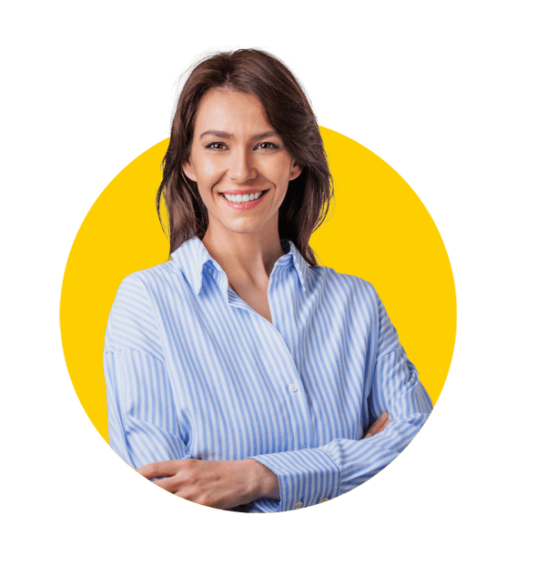 Professional Hebrew translation services by Absolute Translations, smiling brunette businesswoman sitting against grey background.