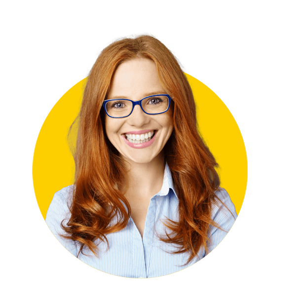 Medical translations uk, Portrait of young red-haired woman wearing glasses against blue background.