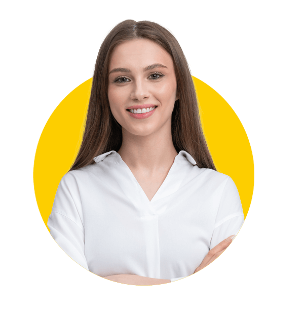 Sds translations uk, Smiling woman with arms crossed, wearing a white shirt, isolated on white background. Concept of confidence and professionalism.