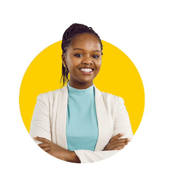 Zulu translation services by Absolute Translations, studio portrait of black businesswoman with toothy smile and Afro braids.