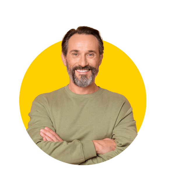 Quick translations uk, Portrait of attractive cheerful man folded arms wearing cozy sweater isolated over beige pastel color background.