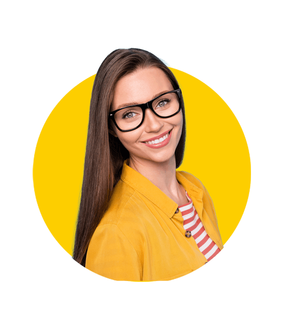 Russian translation services by Absolute Translations, cheerful young woman smiling, wearing glasses, isolated on pastel blue background
