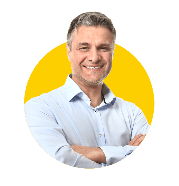 Schools translations UK, Smiling middle aged businessman, entrepreneur in white shirt, cross arms on chest like professional,