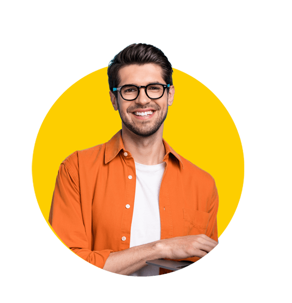 Software translations uk, Photo of cheerful corporate agent man toothy smile hold use wireless netbook networking isolated on blue color background.