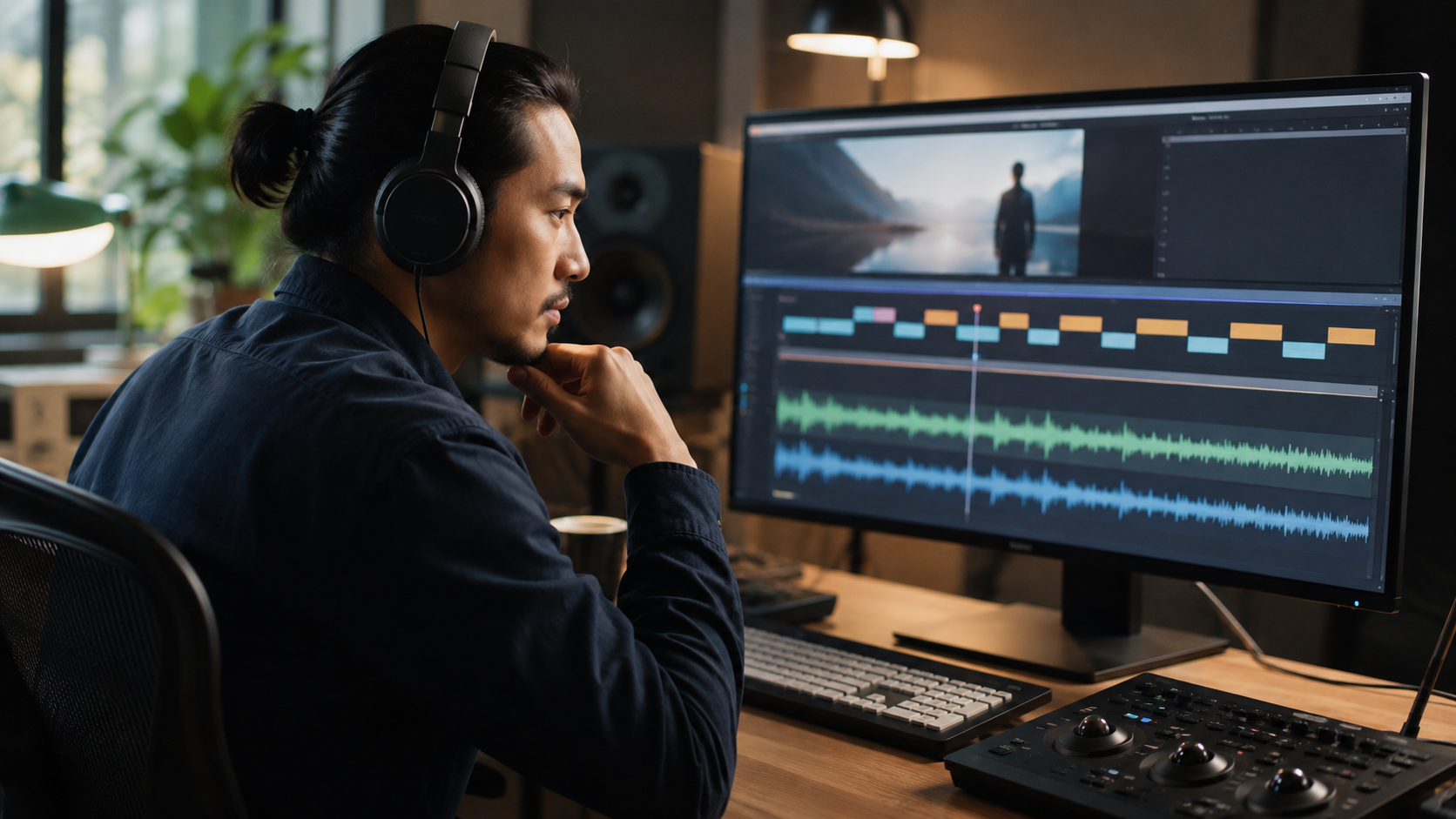 Video editor reviewing subtitle and voice-over tracks