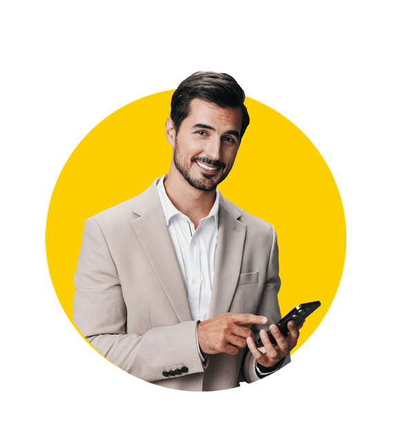 Telecommunications translations uk, business man smile call phone hold happy portrait suit smartphone mobile.