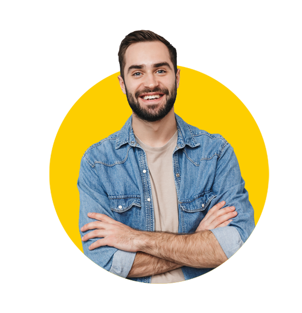 Telephone interpreting services by Absolute Translations, excited cheerful man wearing shirt with folded arms isolated on gray background.