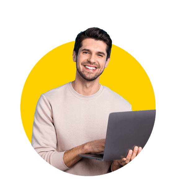 Website translations uk, Photo of young nice man use wireless laptop coworking wear beige sweatshirt isolated on blue color background.