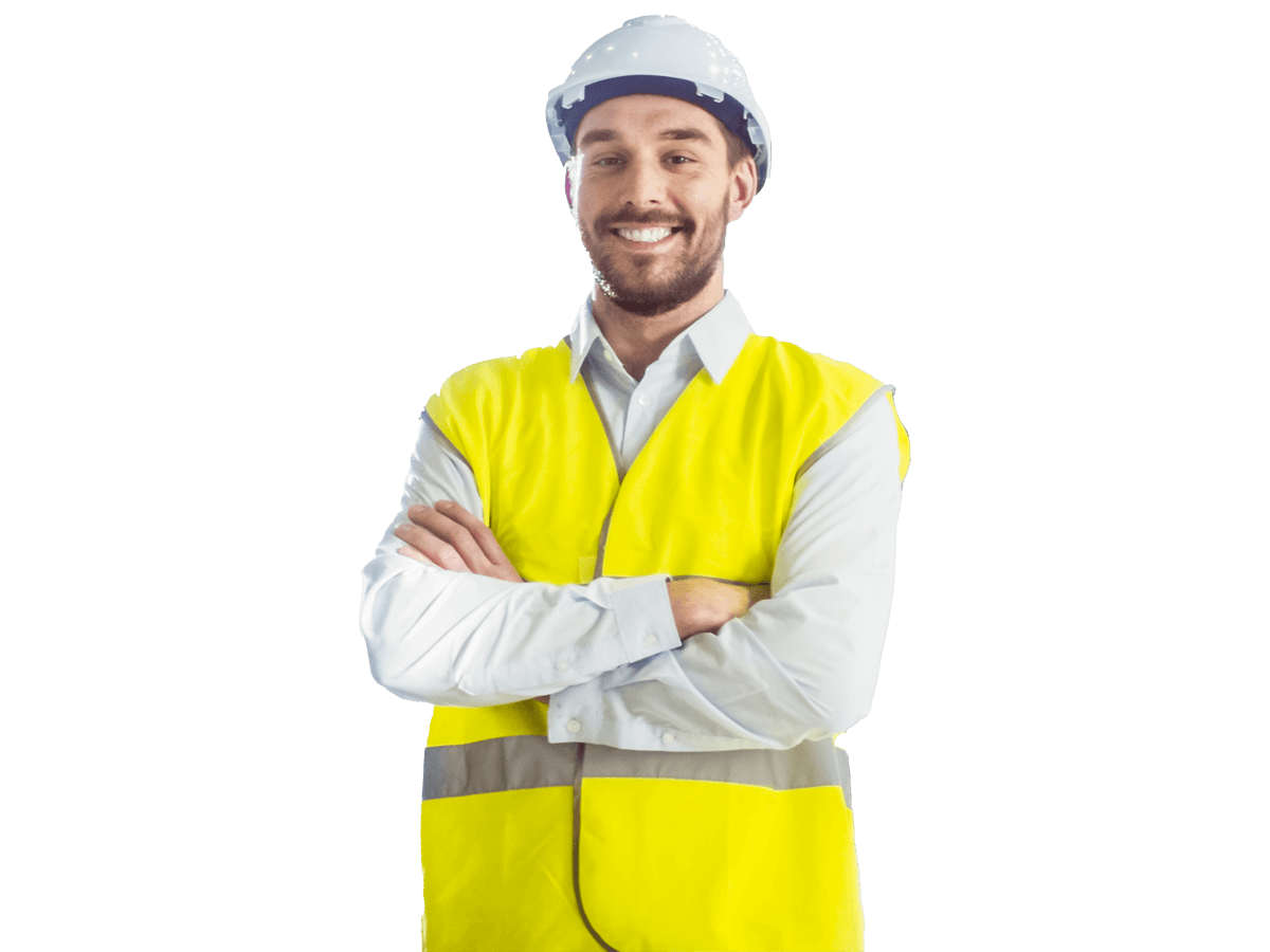 Aerospace translation services expert smiling weawring a safety vest and a helmet