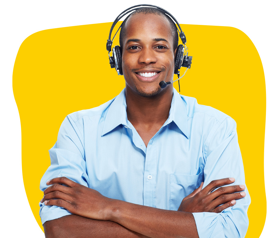 Afrikaans interpreter confidently smiling wearing a headset with crossed arms