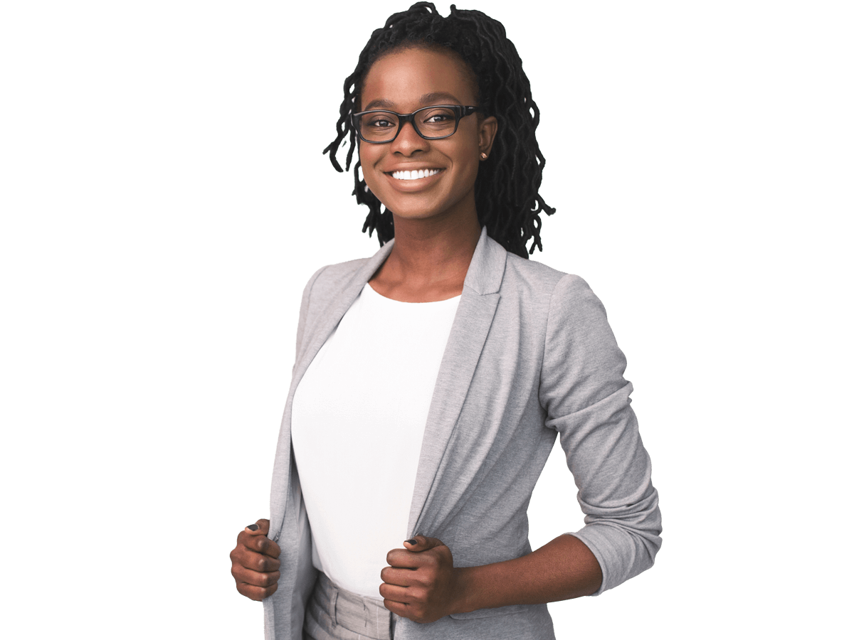 Amharic Subtitling Services Happy Afro Business Girl Smiling At Camera Over White Background