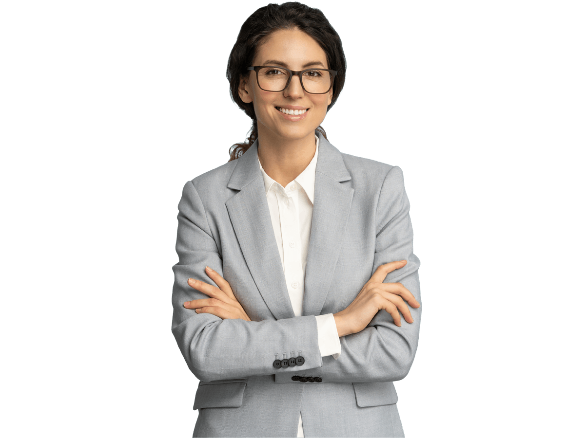 Armenian Transcription services, Confident young businesswoman wear glasses, smiling, looking at camera standing with crossed arms