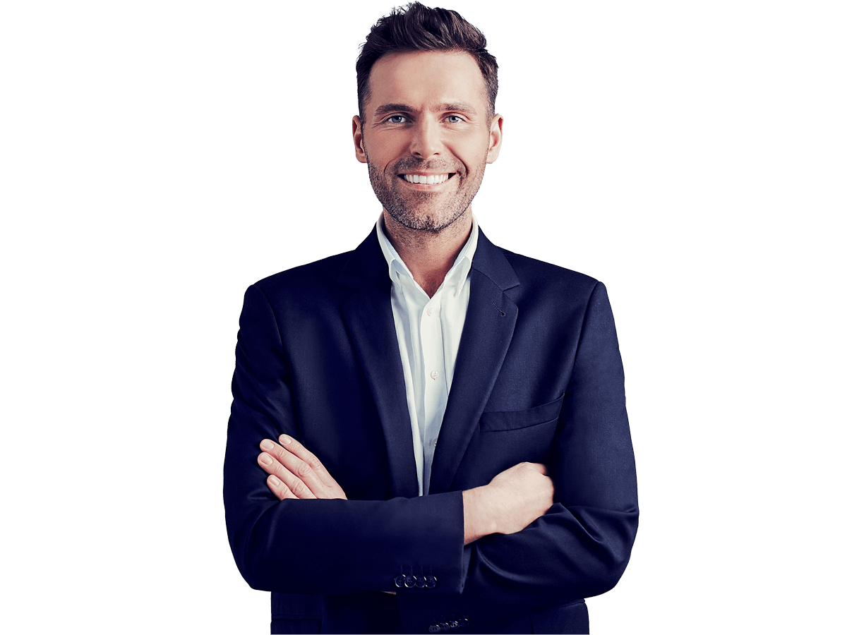 Austrian german transcreation services, Happy businessman isolated - handsome man standing with crossed arms