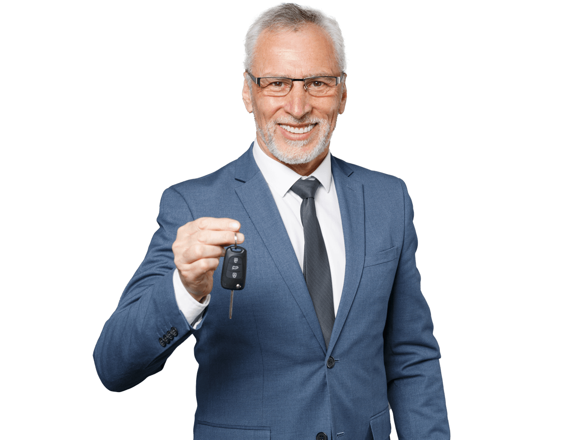 Automotive translation services professional gray-haired mustache bearded in classic blue suit shirt tie