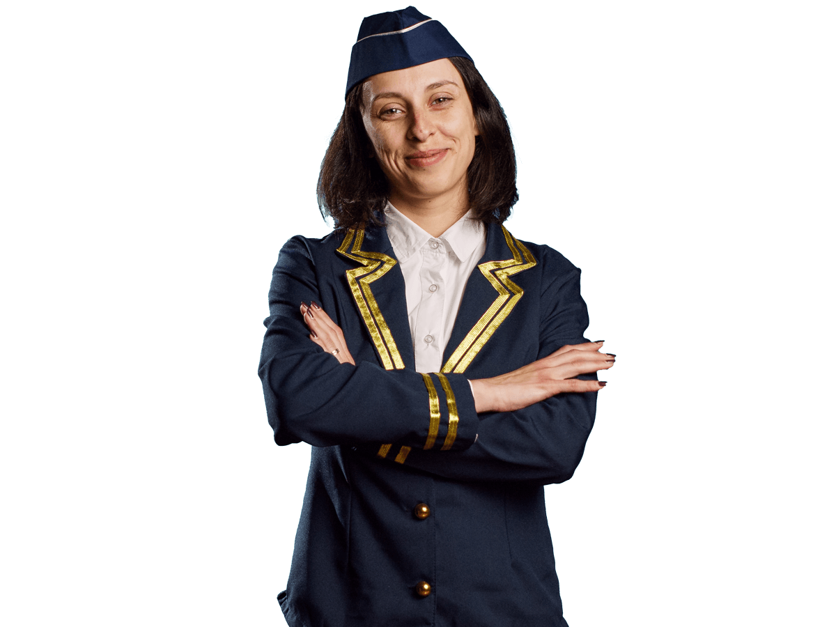 Aviation translation services, Smiling young woman working as air hostess, wearing flying uniform and posing with confidence. 