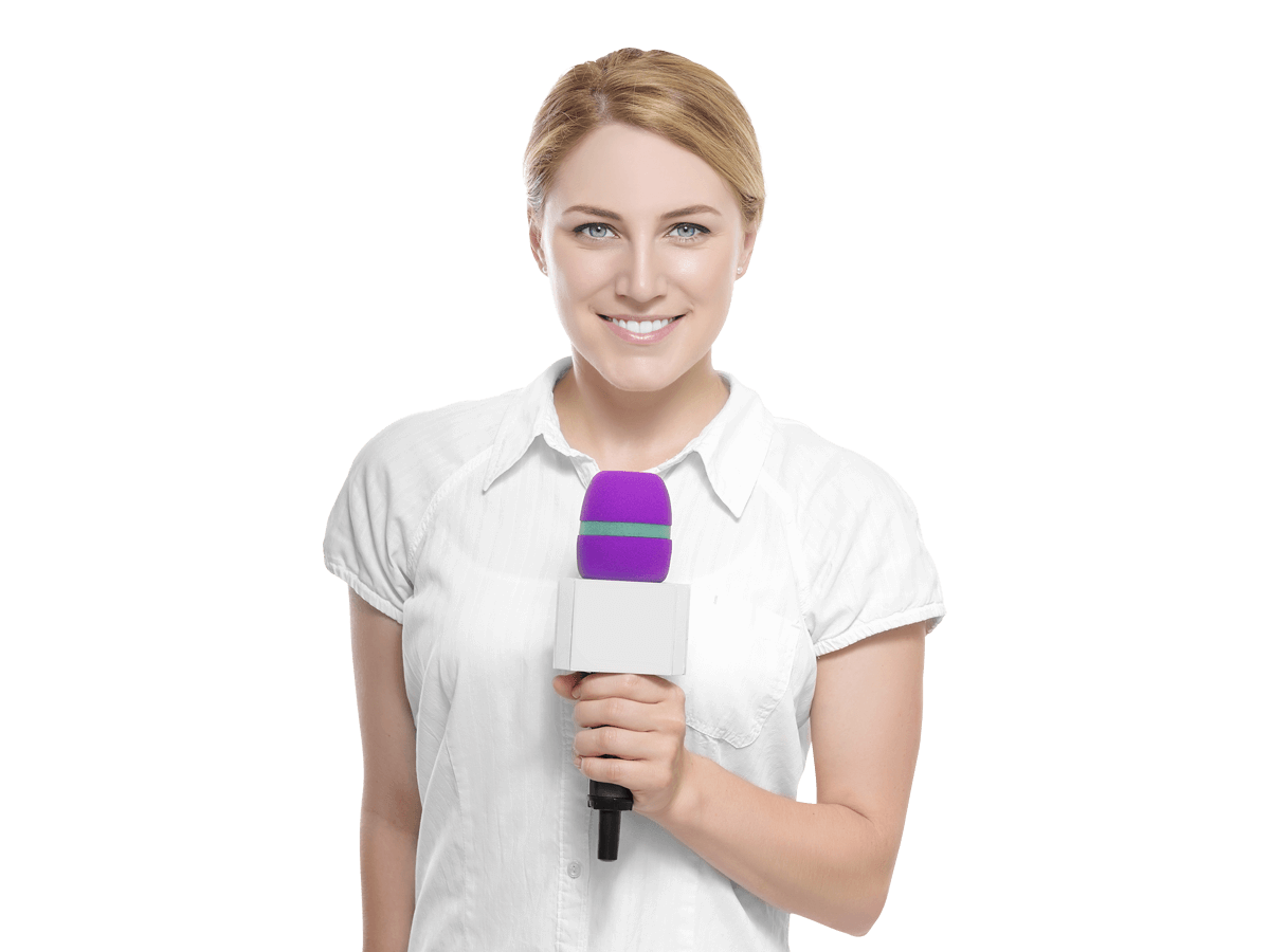 Belgian french interpreting services woman smiling while confidently holding a microphone