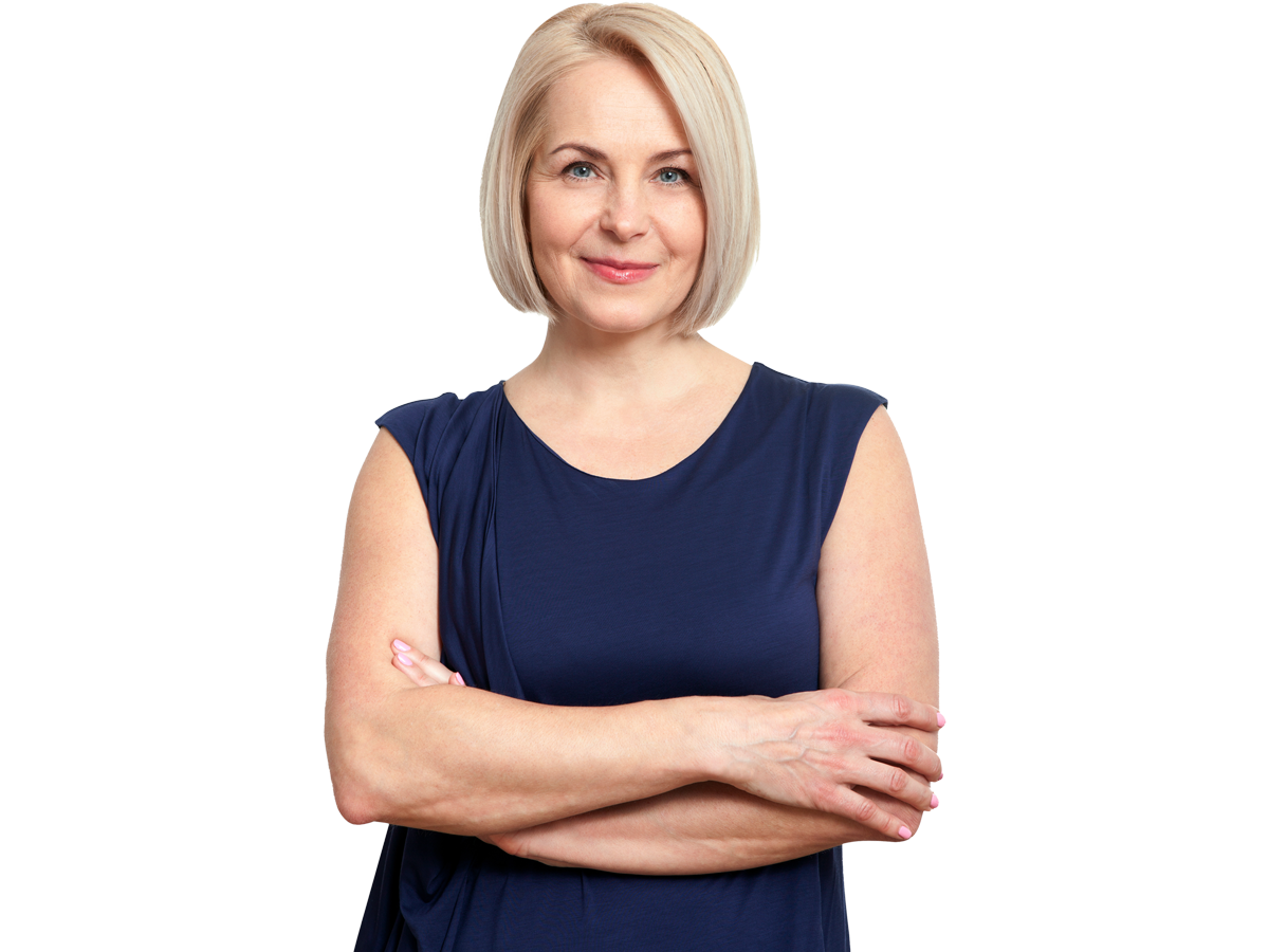 Bulgarian localisation services, Attractive middle aged woman with folded arms on grey background
