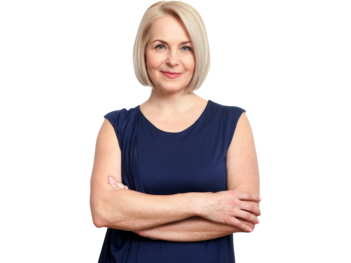 Bulgarian localisation services, Attractive middle aged woman with folded arms on grey background