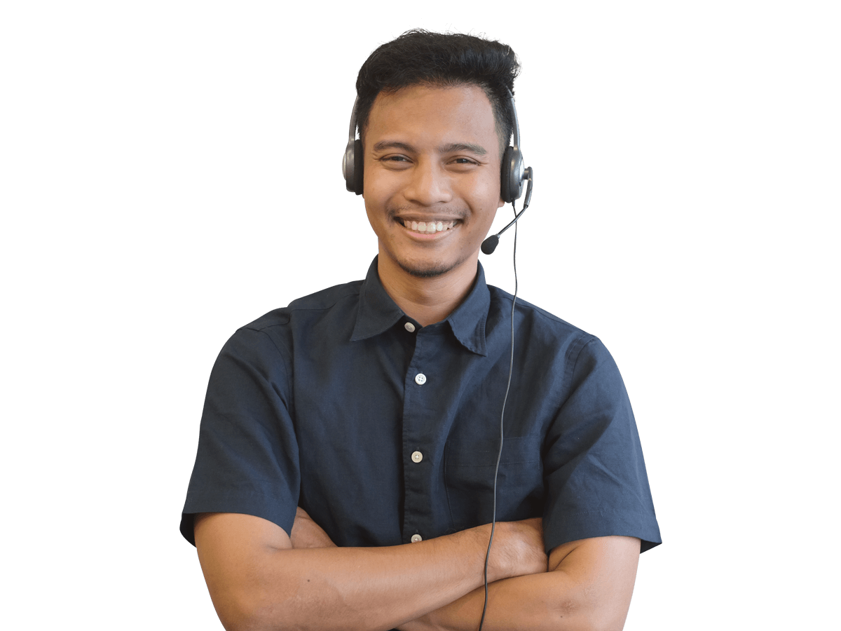 Burmese interpreting services smiling man wearing a headset crossing his arms.