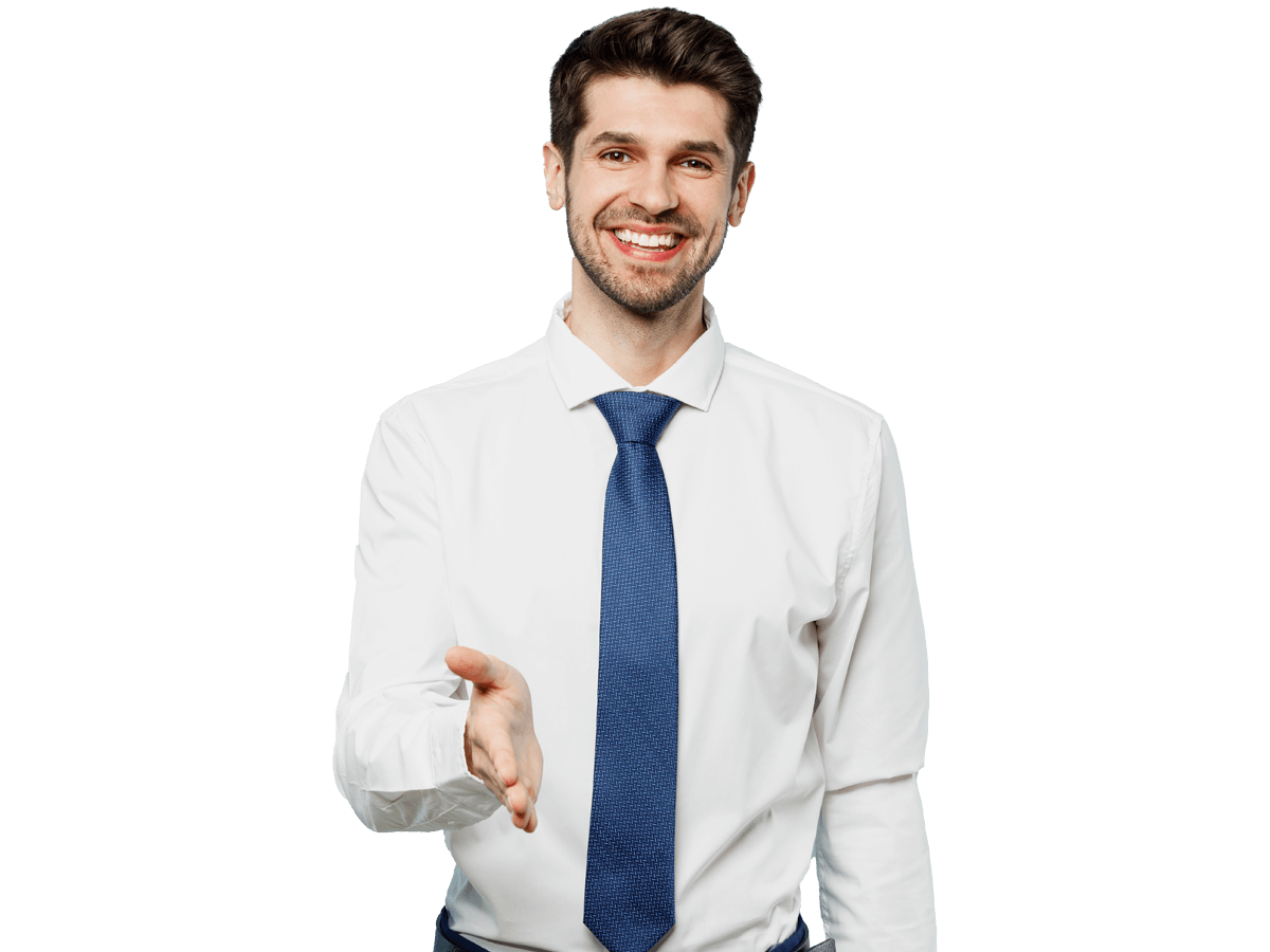 Business plan translation services expert wearing a tie and handshake gesture