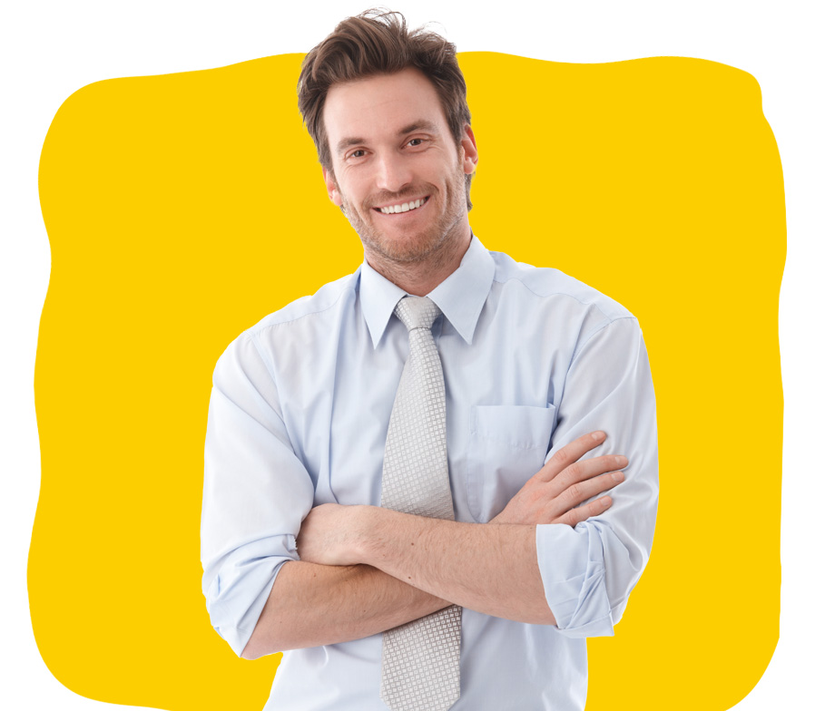 Business plan professional translator smiling with folded arms wearing light blue shirt and tie