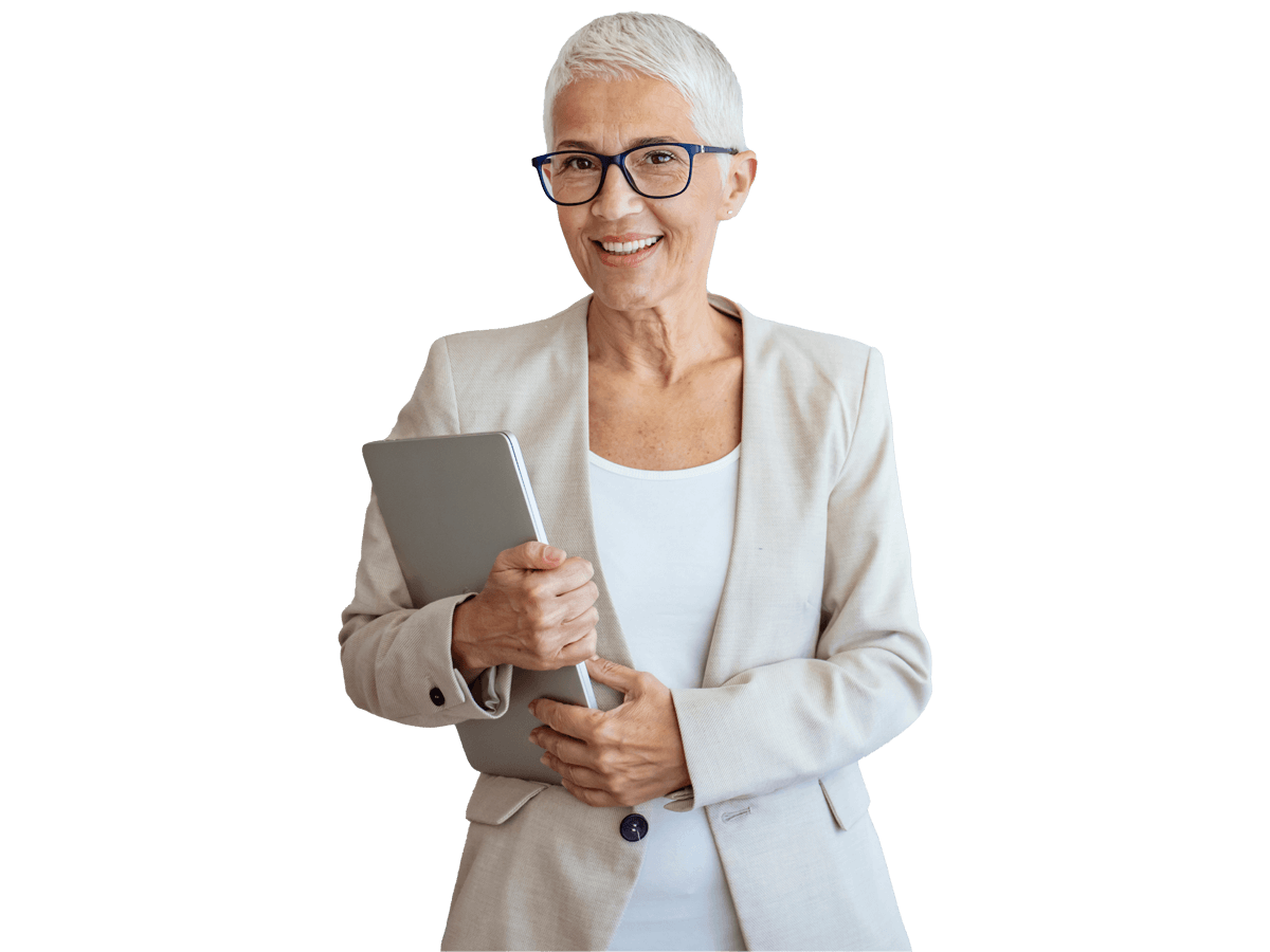 CMS translation services, Mature woman posing against a gray background with laptop. 
