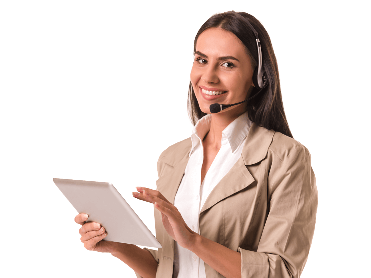 Catalan interpreting services smiling expert holding a tablet wearing a headset