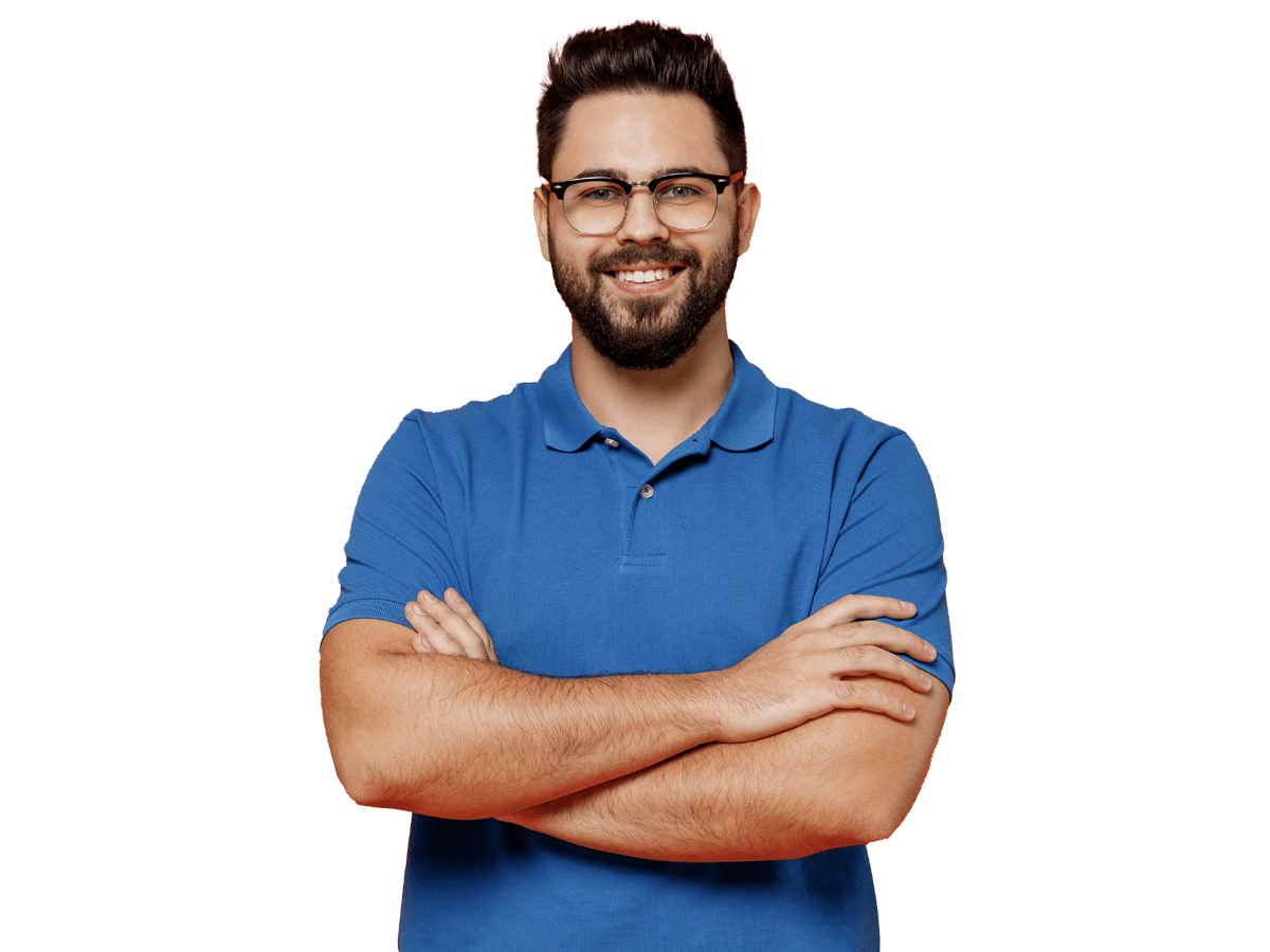 Catalan translation services, Young smiling happy attractive confident cheerful caucasian man 20s wear basic blue t-shirt eyeglasses looking camera