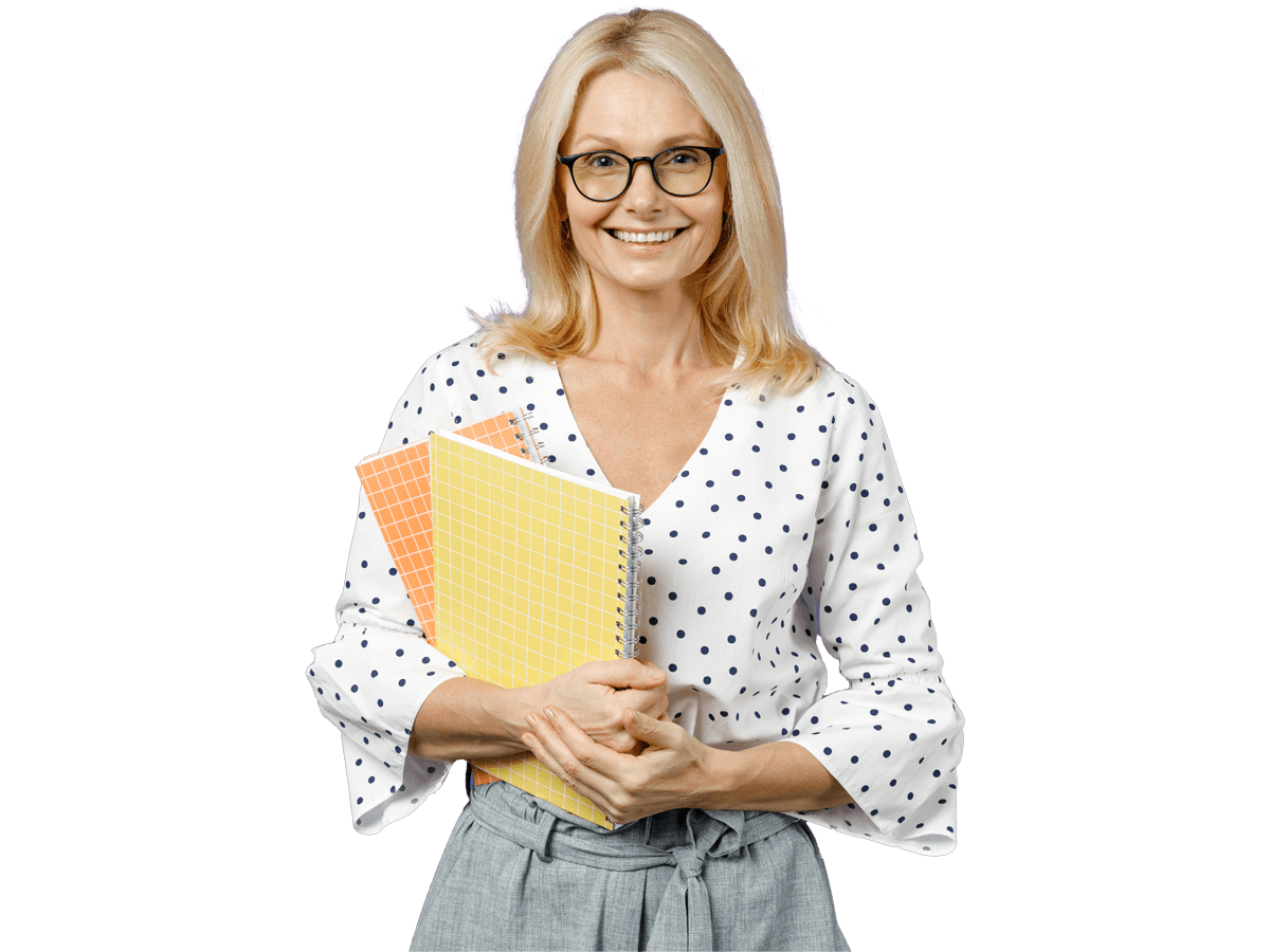 Catalogues translation services, Smiling gray-haired blonde teacher woman lady 40s 50s years old wearing white dotted blouse eyeglasses