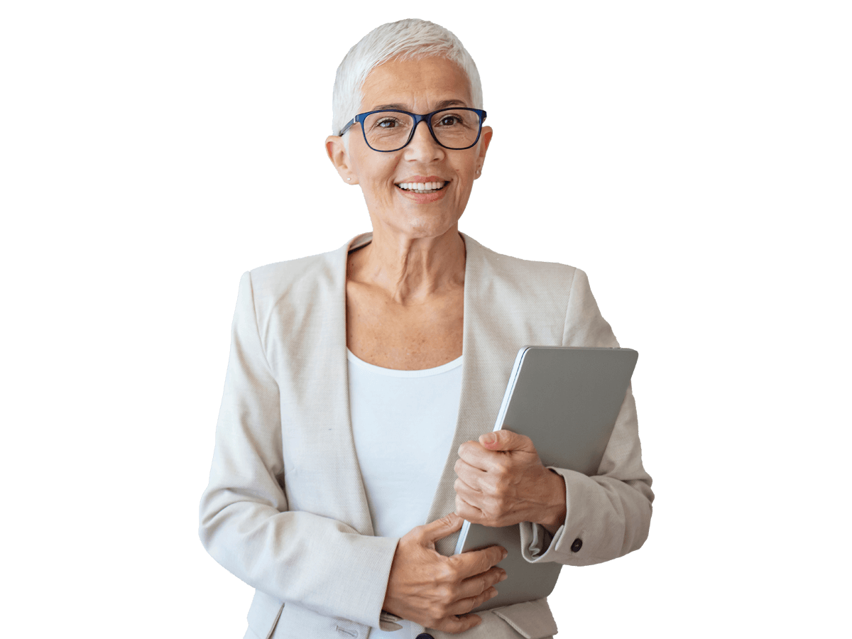 Certified will smiling woman in white suit holding a planner