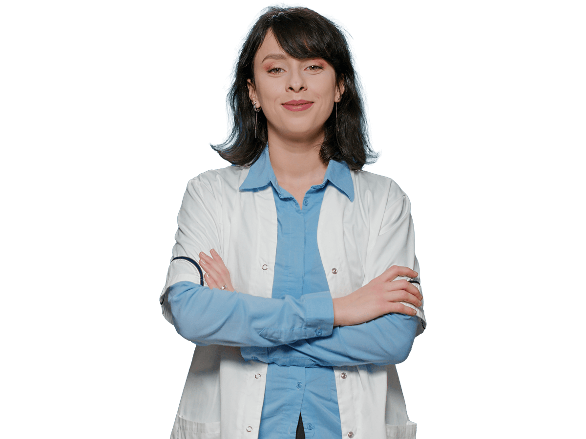 Chemical translation services,  Portrait of female chemist with white coat standing in front of camera, having scientific laboratory expertise.