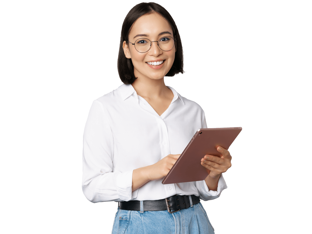 Chinese legal translation services, Image of young chinese woman, company worker in glasses, smiling and holding digital tablet.
