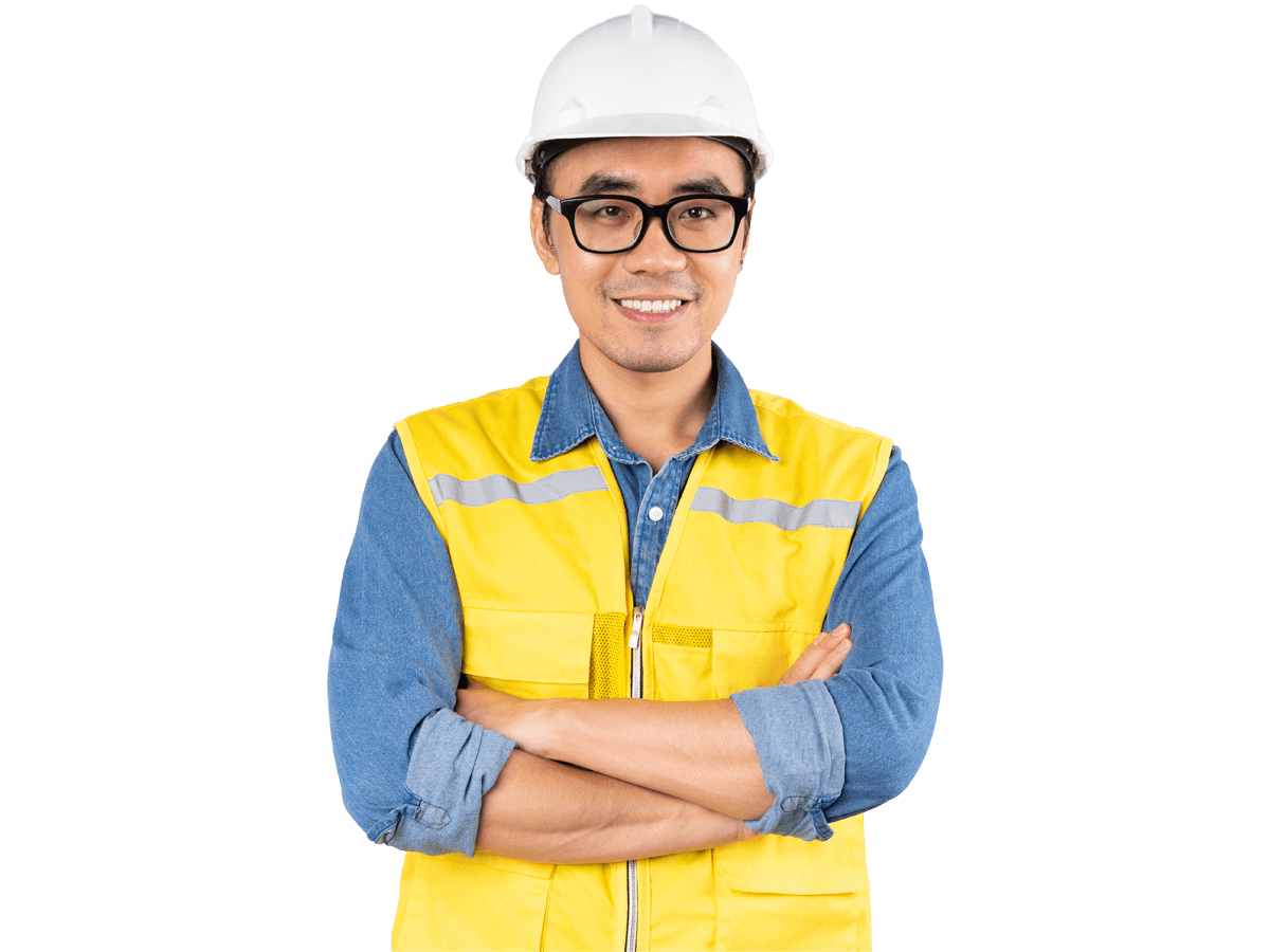 Civil engineering translation services, Smiling young asian civil engineer wearing helmet hard hat standing on isolated white background