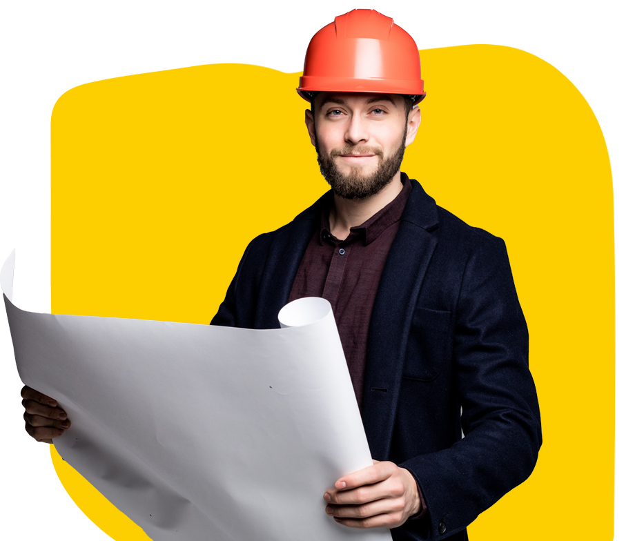 Civil engineering translator smiling wearing a helmet and holding a construction document