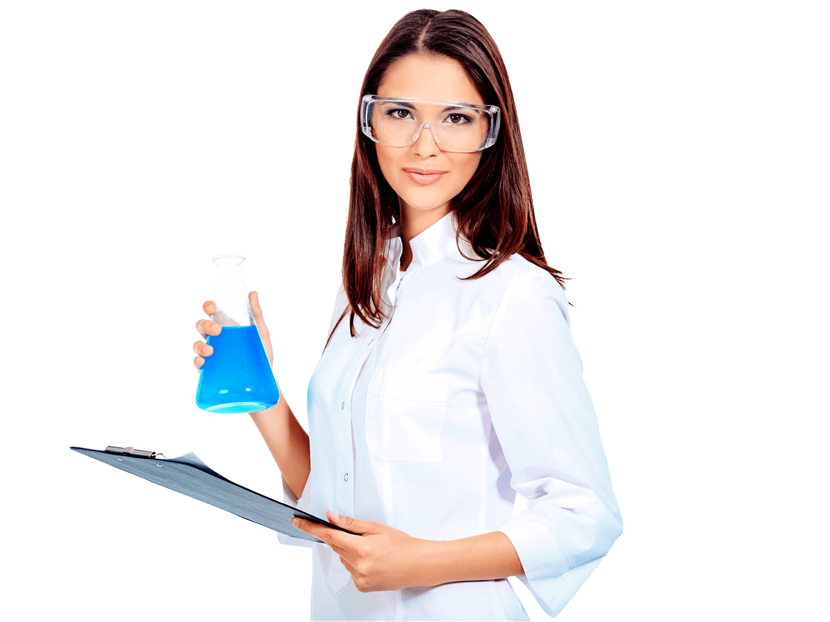 Clinical trials and research translation services, Portrait of a female laboratory assistant holding flask. Isolated over white.