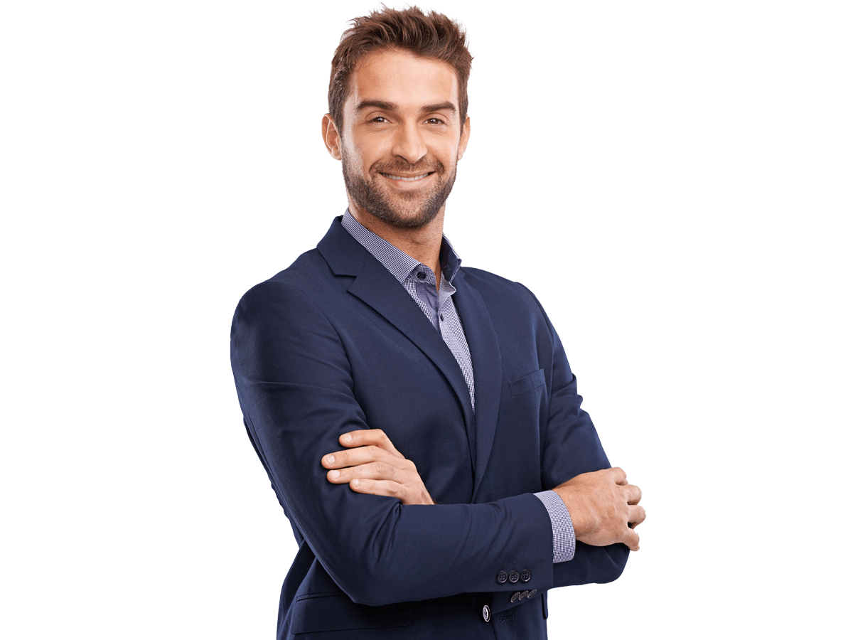Company incorporation translation services, Portrait of confident business man, arms crossed in a suit with smile isolated on studio background.