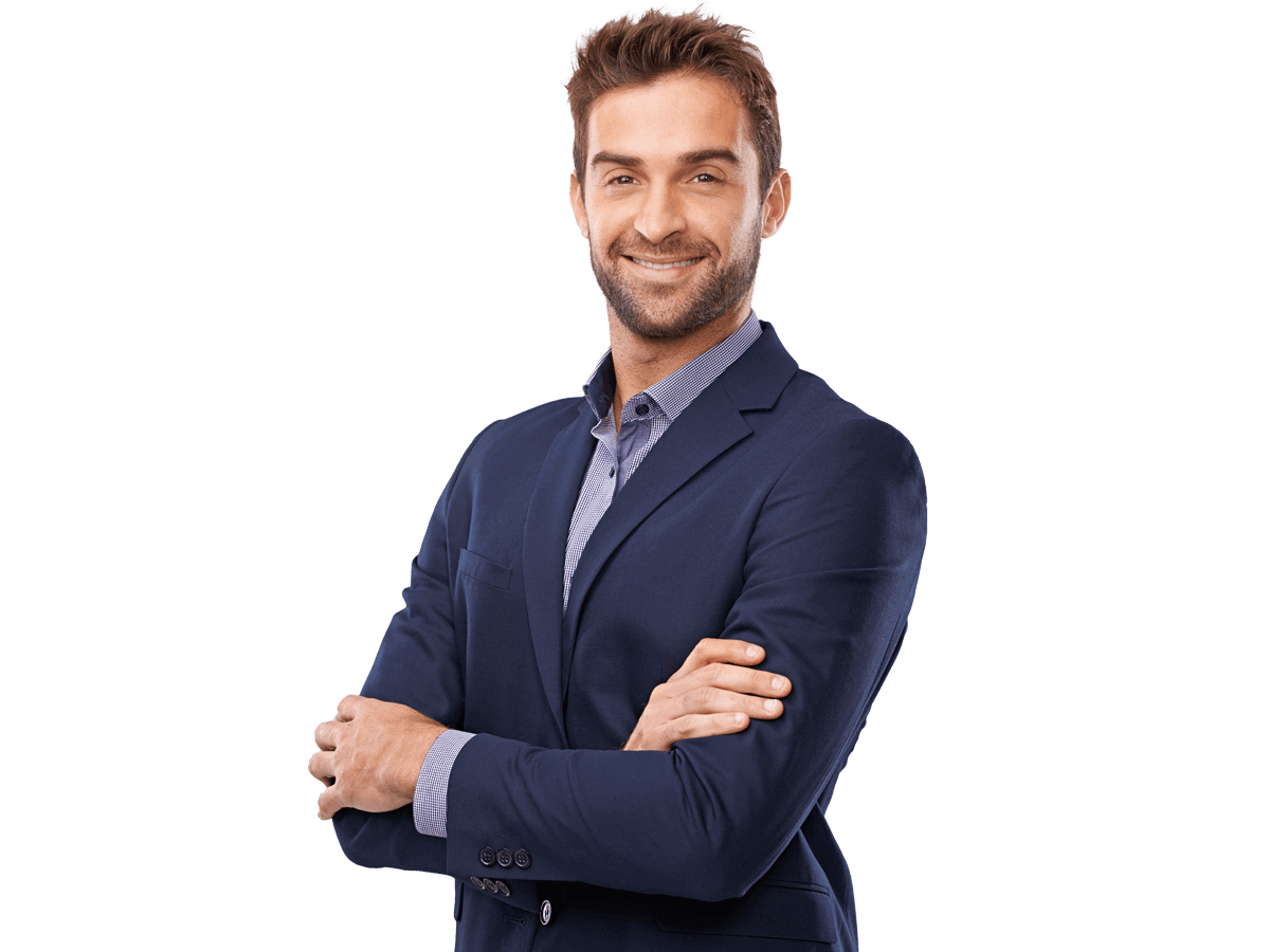 Company incorporation translation services, Portrait of confident business man, arms crossed in a suit with smile isolated on studio background.