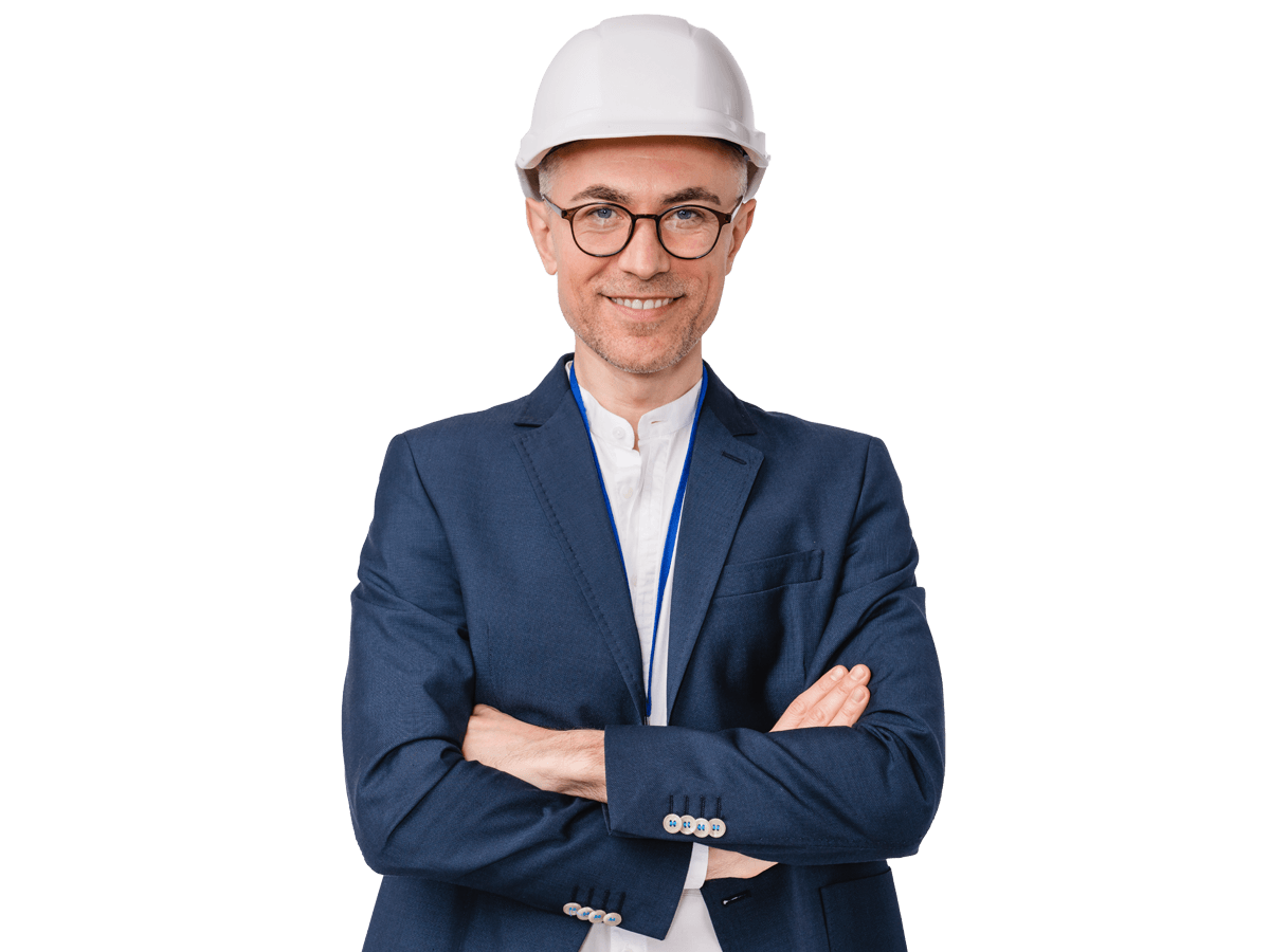 Construction translation services, Stock Photo ID: 1929520148  Confident mature engineer in hardhat with his arms crossed isolated over white background
