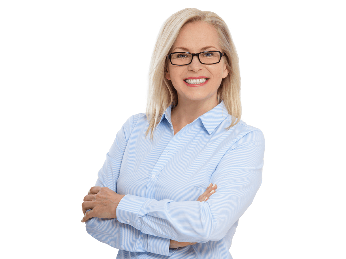 Consulate certified translation strong woman with glasses in white polo shirt smiling