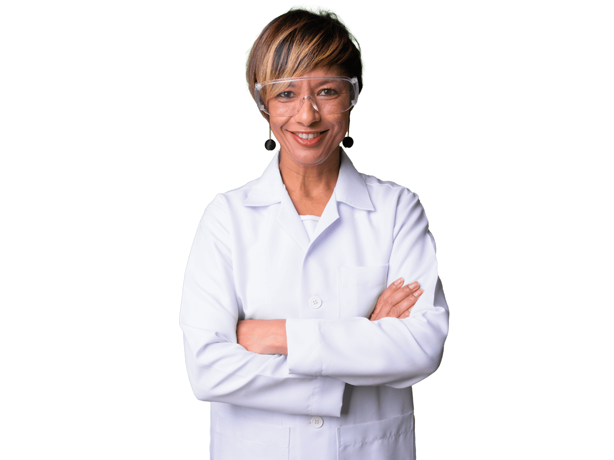 Cosmetic packaging translation services, Mature beautiful multi-ethnic woman doctor wearing protective glasses