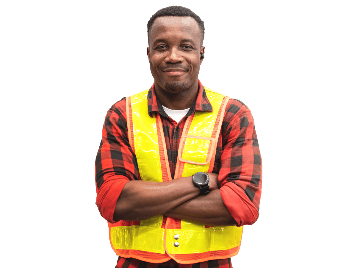 Council translation services, Portrait of positive African worker wears safety hat and glowing orange safety vest, folding arm, white background
