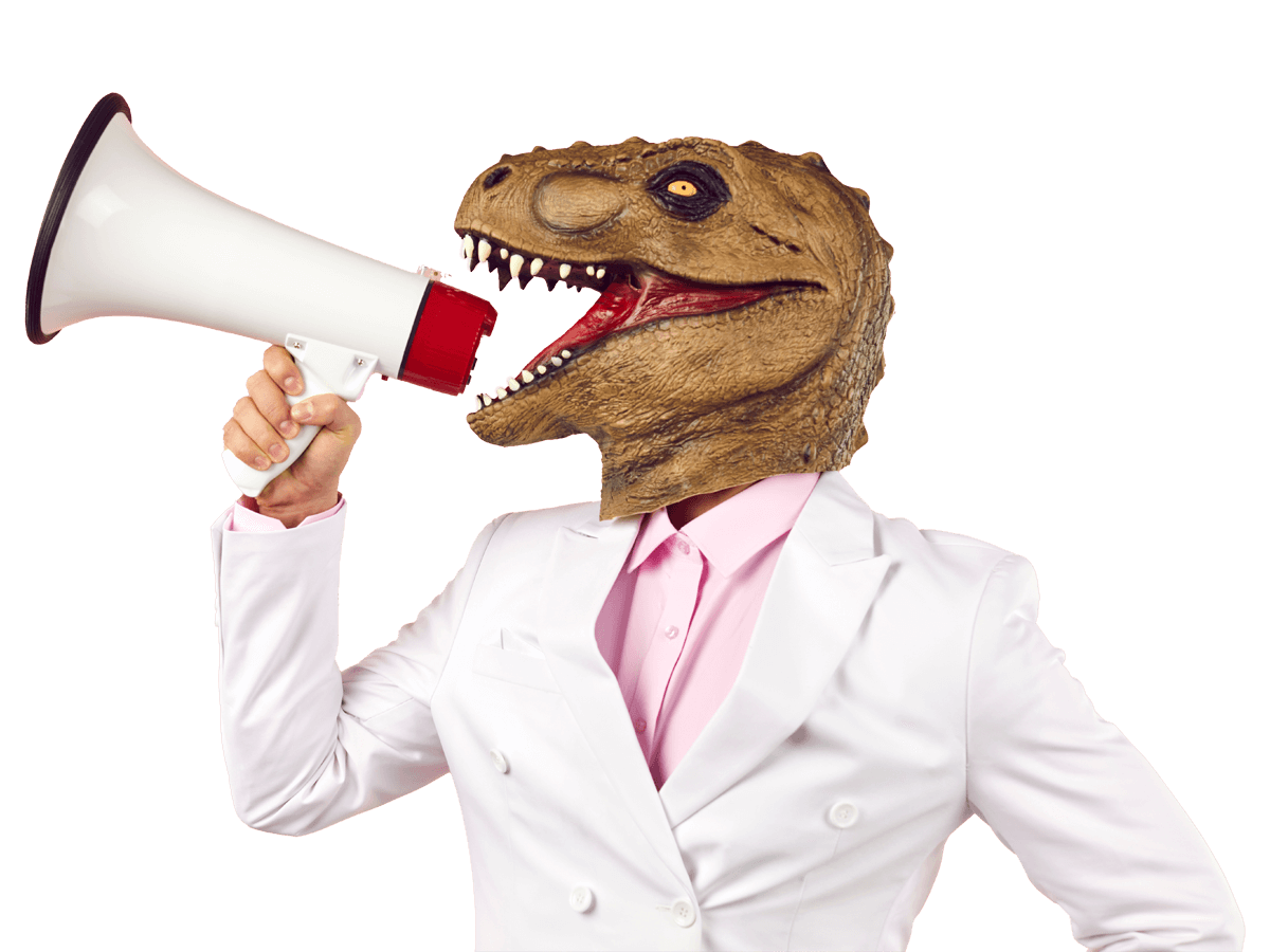 Creative translation services symbolised by a man in dino mask shouting in megaphone